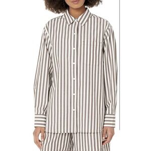 The Drop Kendra Women's S Long Shirt Coffee Bean Stripe Loose Fit Cotton NEW
